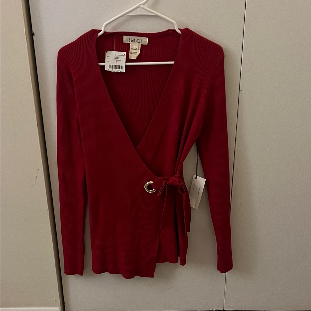 Red V-Neck Sweater with Tie Detail